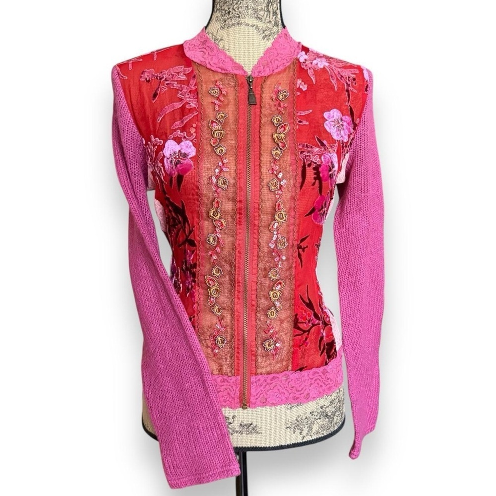 Pink & Red Floral Embroidered Zip-Up Jacket Size XL